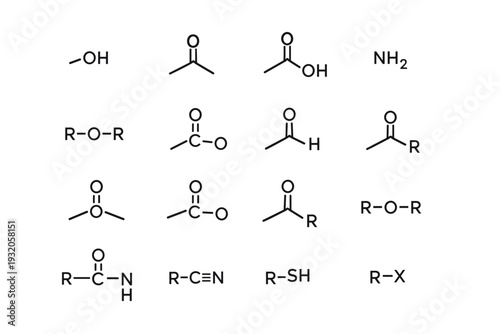 Functional Groups. Line icon set of Functional Groups: hydroxyl group, carbonyl group, carboxyl group, amino group, ether linkage, ester group, aldehyde group,
