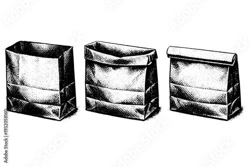 Grocery paper bag top opening with folded rim displayed fully open, partially folded inward, and tightly folded closed in three clear views. Black and white