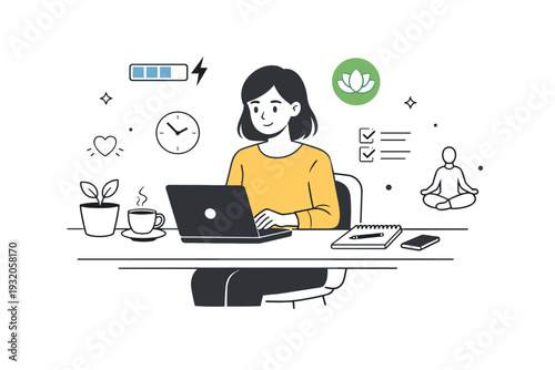 Work and invisible disabilities. A modern editorial scene of a person at a desk balancing productivity and wellbeing, with subtle internal indicators like