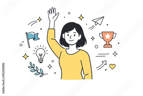 Celebrating women. A woman raising one hand with a gentle smile, surrounded by light decorative elements suggesting pride, achievement, and empowerment. The