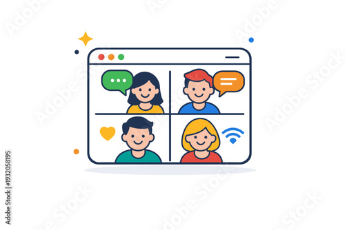 Virtual meeting communication illustrated by a simple video window icon with multiple faces and speech indicators, conveying presence, attention and human
