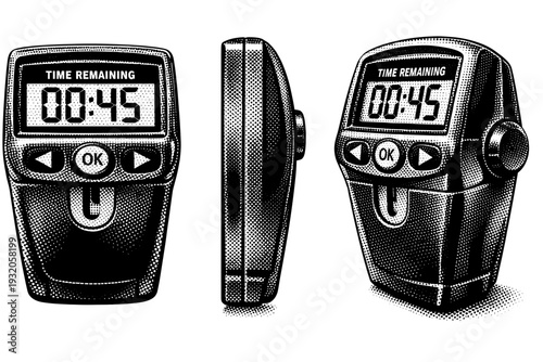 Parking meter digital display A realistic modern parking meter display module shown in three views: front display view, side thickness view, and three-quarter