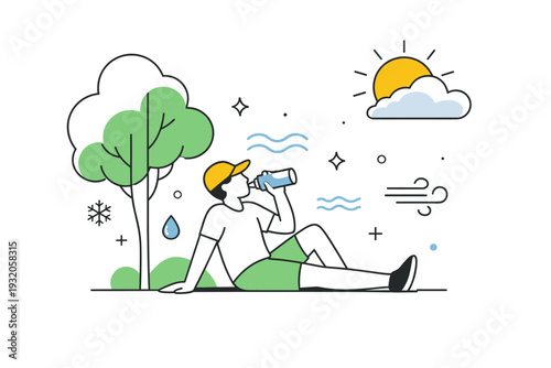 Heat adaptation. Person resting in the shade of trees with a water bottle, sun icon softened by clouds. Feeling of protection and smart response to heat,