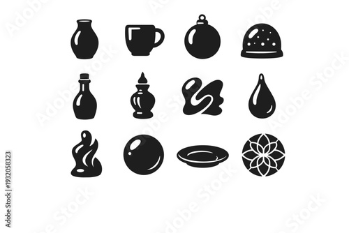 Handcrafted Glass. Solid icon set of Handcrafted Glass: glass vase, glass cup, glass ornament, glass paperweight, glass bottle, decorative glass, abstract