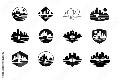Quay. Icon set. Set Logo of quay: harbor waterfront skyline. harmonious logo variations of the same emblematic concept, each with different artistic