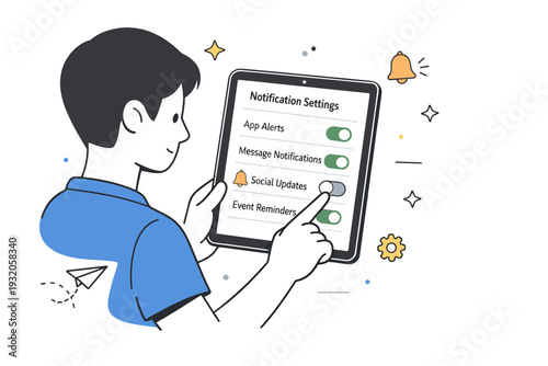 Managing notifications. A focused scene of a person selectively turning off alerts on a phone or tablet. The mood highlights control, clarity and intentional