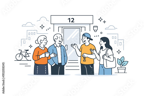 Urban community. Neighbors talking near an apartment building entrance, friendly interaction and connection. Sense of belonging and social life in a modern