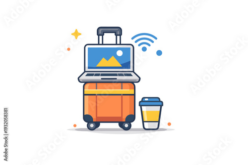 Remote travel lifestyle showing a laptop resting on a suitcase with a coffee cup and subtle Wi-Fi icon, expressing work from anywhere and modern digital nomad