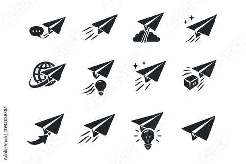 Paper Plane Symbols. Solid icon set of Paper Plane Symbols: paper plane message, send icon plane, startup launch symbol, freedom symbol, travel concept plane,