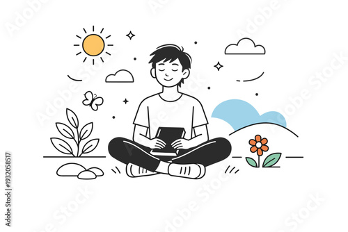 Recovering from burnout. Creator outdoors with a notebook closed, relaxed posture and open space around. Feeling of renewal and slow return of inspiration,