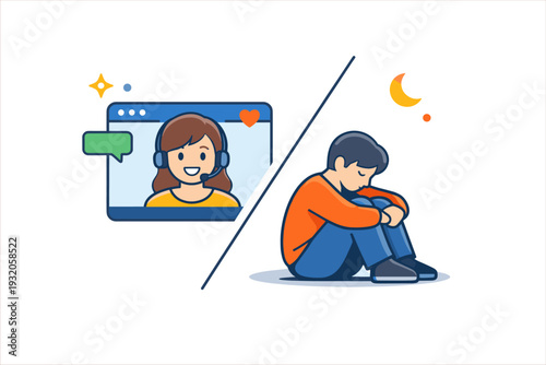 Remote loneliness interpreted through a split scene where a smiling avatar appears on screen while the real person sits alone, conveying emotional contrast and