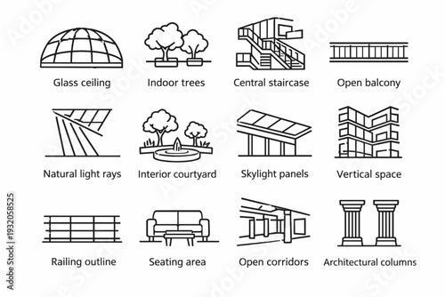 Open Atrium. Line icon set of Open Atrium: glass ceiling, indoor trees, central staircase, open balcony, natural light rays, interior courtyard, skylight