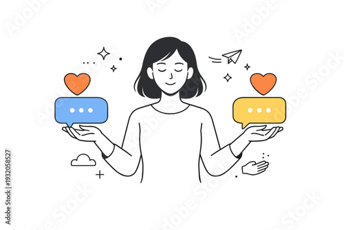 Emotional labor. A person holding simple dialogue bubbles and heart icons while remaining calm and composed. The scene reflects care, empathy, and mental