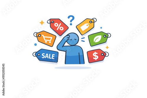Decision fatigue consumer choice overload represented by multiple product tags surrounding a single shopper icon, expressing confusion and hesitation in modern