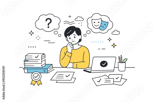 Impostor syndrome awareness. A person standing at a desk feeling uncertain despite completed work around them, expressing self-doubt and quiet anxiety.