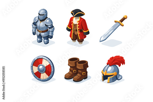 Historical reenactment. Isometric flat vector icons set of Historical reenactment: medieval armor suit, period costume outfit, historical sword, round shield,