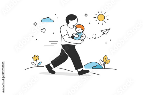 Emotional healing journey. A symbolic scene of an adult carrying or protecting a small inner child figure while moving forward. The composition feels hopeful,