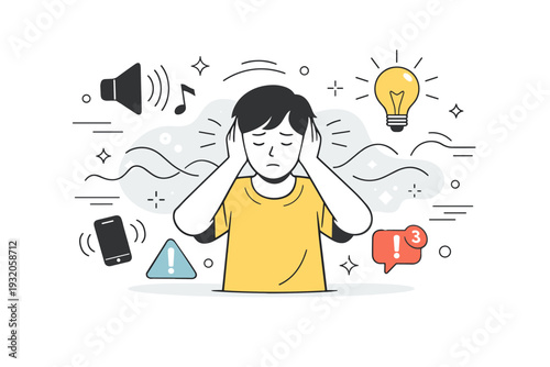 Sensory overload awareness. A person covering their ears while surrounded by floating icons of sound, light, and notifications. Calm but tense mood showing