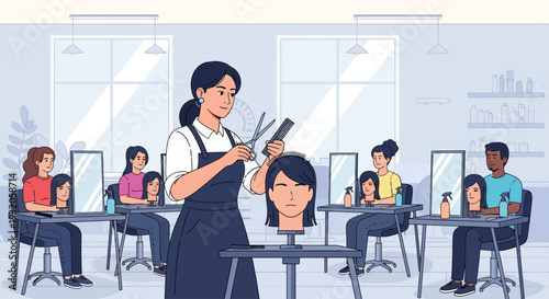 A group of students in a hair salon class practicing haircuts on mannequins under the guidance of an instructor.