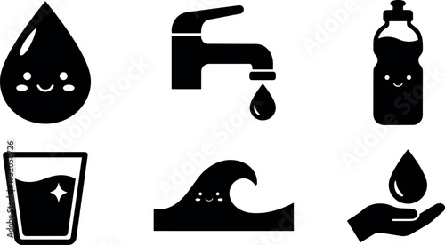 Flat design kawaii water icons set smiling droplet tap bottle glass wave hand holding drop for eco branding clean minimal
