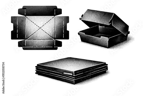 Burger box folded flat, a single cardboard burger box shown in three views including flat unfolded layout, partially folded angle, and stacked flat view with