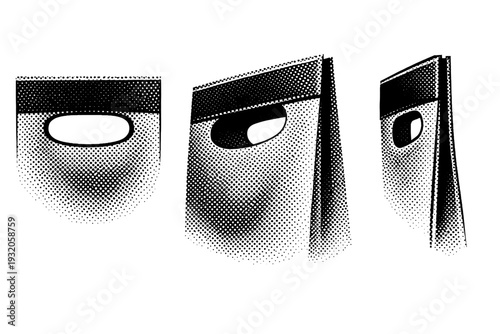 Grocery paper bag handle cutout detail shown front-facing, angled, and side profile emphasizing paper thickness and reinforcement. Black and white dot style