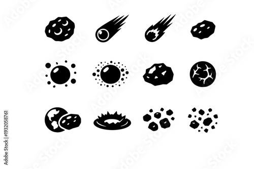 Small Solar System Bodies. Solid icon set of Small Solar System Bodies: asteroid, comet with tail, meteor, meteoroid, meteorite, kuiper belt object, oort cloud