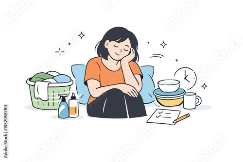 Living with limited energy. A person resting while everyday tasks wait nearby, expressing acceptance and self-compassion. Quiet editorial moment with soft
