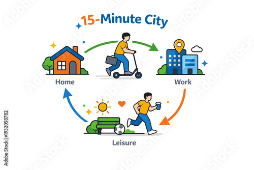minute city work life balance theme shown as a person smoothly moving between home, workspace, and leisure icons, communicating time savings and improved