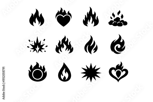 Flame of Passion. Solid icon set of Flame of Passion: burning flame, heart flame, rising fire, glowing ember, fire spark, intense blaze, abstract flame, fire