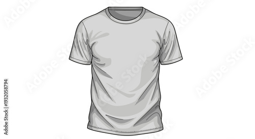 A realistic illustration of a plain, short-sleeved, light gray t-shirt with a crew neck, presented on a white background.