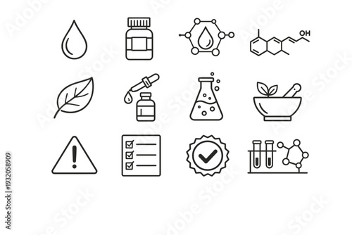 Skincare Ingredients. Line icon set of Skincare Ingredients: ingredient drop, vitamin bottle, hyaluronic acid symbol, retinol molecule, botanical leaf, oil