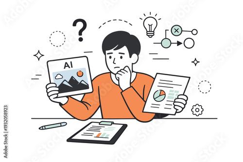 Questioning AI decisions. A scene of a person comparing AI-generated results with documents and charts, pausing to review information. Focused atmosphere with