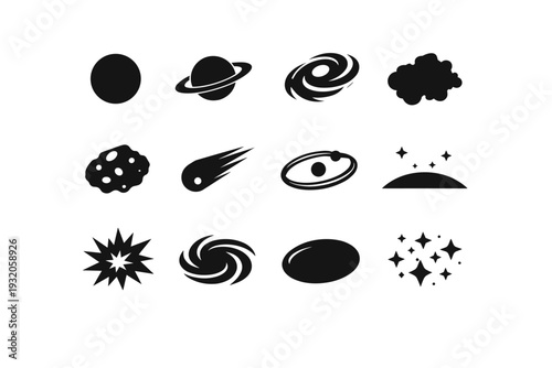Cosmic Space. Solid icon set of Cosmic Space: planet silhouette, ringed planet, distant galaxy, nebula cloud, asteroid, comet tail, orbit path, space horizon,