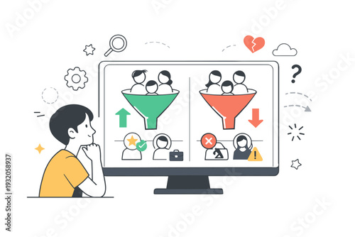 Algorithmic bias. Computer screen showing simplified profiles being filtered differently, person observing the process calmly. Visual metaphor of unequal