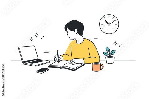 Distraction-free workspace. A clean desk with only essential tools, a person calmly engaged in meaningful work. The mood is minimal, quiet and purpose-driven.