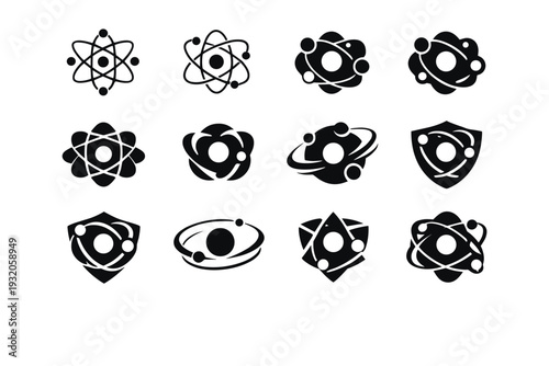 Physics discoveries. Icon set. Set Logo of physics discoveries: quantum particle dots. harmonious logo variations of the same emblematic concept, each with