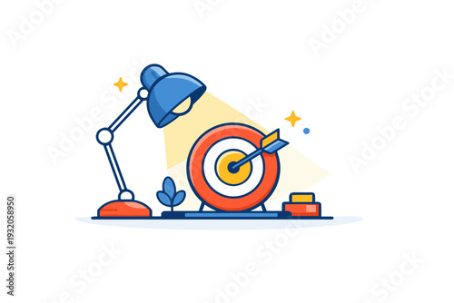 Quiet ambition and focus conveying determination behind the scenes, represented by a desk lamp softly illuminating a goal icon in a calm uncluttered space.