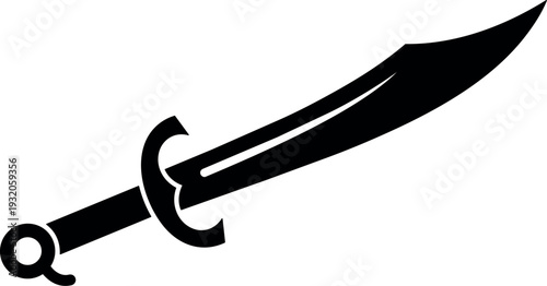 Minimalist silhouette side view curved scimitar sword with guard and ring pommel angled on white background bold black vector icon