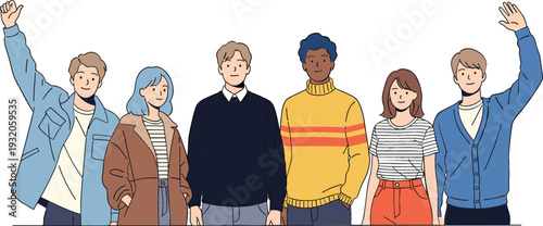 Diverse group of young people standing together cartoon vector illustration showing friendship, teamwork, community, and modern lifestyle characters for social and business designs