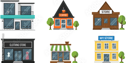 Cartoon shop and store building vector set with coffee shop, clothing store, retail facade icons for business, city, and commercial design projects