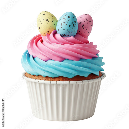 A cupcake with pink and blue frosting and easter eggs on top isolated on transparent background