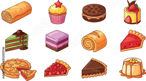 Cute cartoon dessert and cake vector set with cupcakes, pastries, pies, rolls, and sweet treats for bakery, menu, and food illustration designs