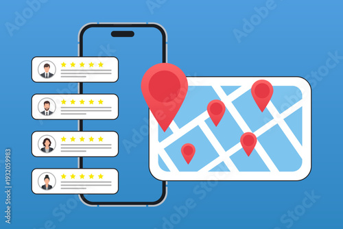 Local SEO. Local seo marketing based on customer ratings and reviews. Regional listings with maps, red pins, and star ratings for nearby places.