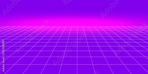 Glowing neon wireframe background. Purple shining checkered grid planes in perspective. Bright retro futuristic horizon wallpaper. Arcade game sci fi matrix surface. Vector backdrop for poster, banner