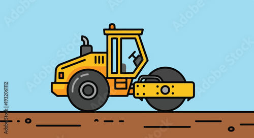 A cartoonish yellow road roller with black outlines is depicted on a brown ground against a light blue sky, representing heavy construction machinery.