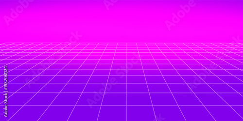 Glowing neon wireframe background. Purple shining checkered grid planes in perspective. Bright retro futuristic horizon wallpaper. Arcade game sci fi matrix surface. Vector backdrop for poster, banner