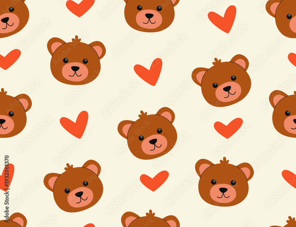 Fototapeta premium Cute teddy bear faces with small hearts pattern in a seamless vector design. Adorable cartoon bear characters nursery