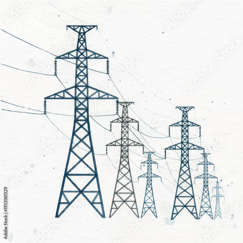 Minimalistic high voltage power lines on pure white background in watercolor style.