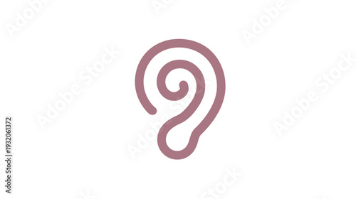 A simple, minimalist ear illustration, rendered in a muted mauve color, isolated on a white background